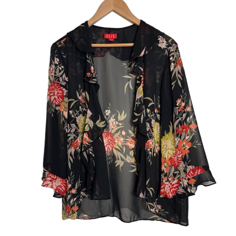 Elle black floral sheer ruffle sweater w/ 3/4 sleeves